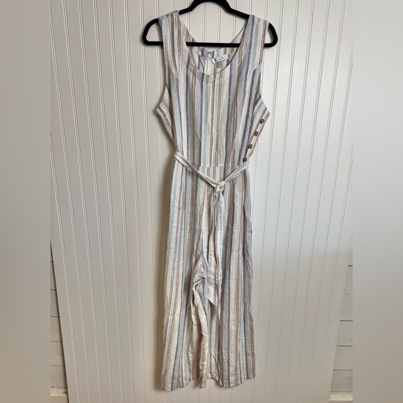 Cupio Striped Linen Blend Wide Leg Jumpsuit Tie Belt L43 - Picture 1 of 8